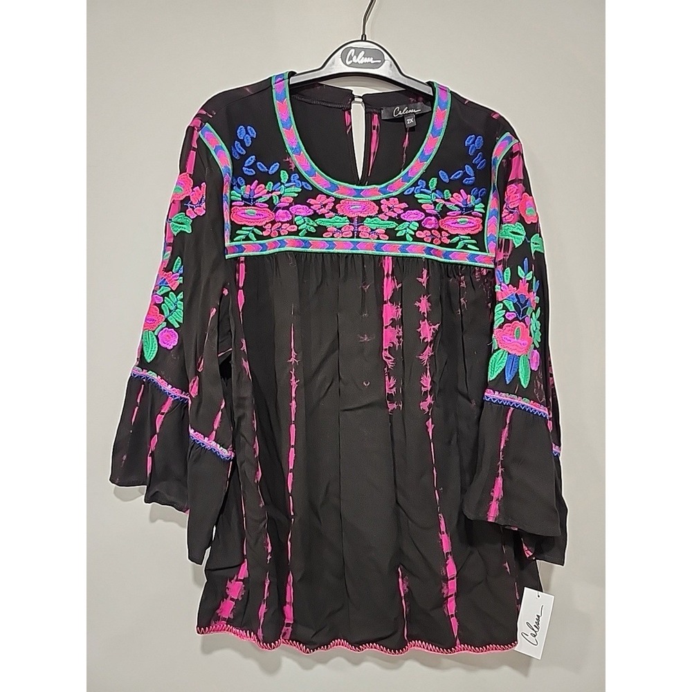 Calessa NWT Women's 2xl Black Embroidered Long‎ Sleeve Tunic Top Boho